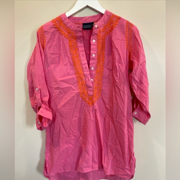 Madison Mathew’s Tunic Pink Embroidered 3/4 Sleeve Womens Small Half Button Down - Picture 1 of 7
